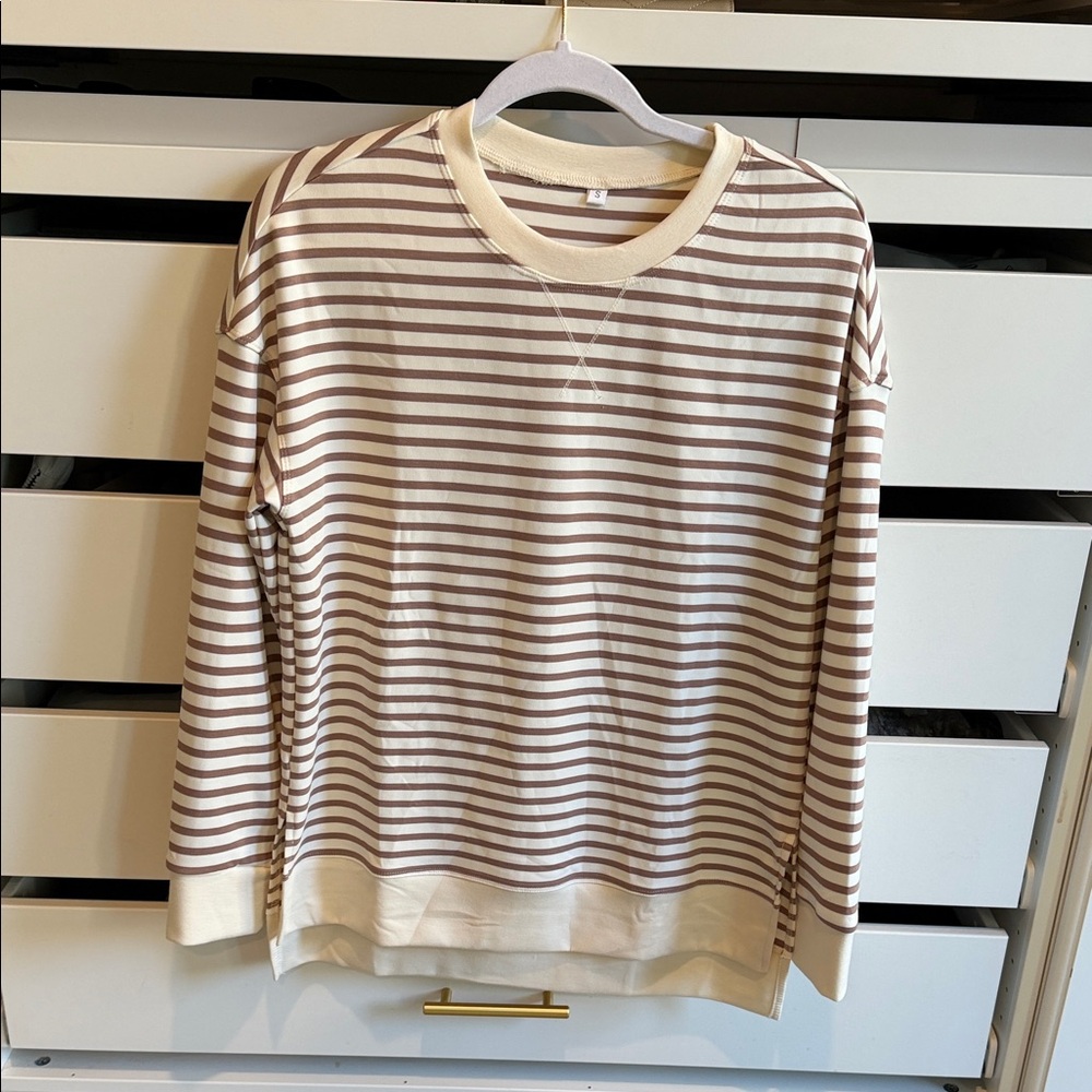 Cream and Taupe Striped Long Sleeve Pullover